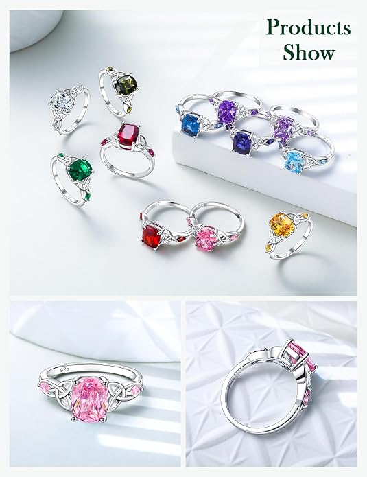 925 Sterling Silver Birthstone Rings for Women Cushion Cut Engagement Celtic Knot Ring Irish Jewelry Created Gemstone Anniversary Rings Size 6-10(with Box)