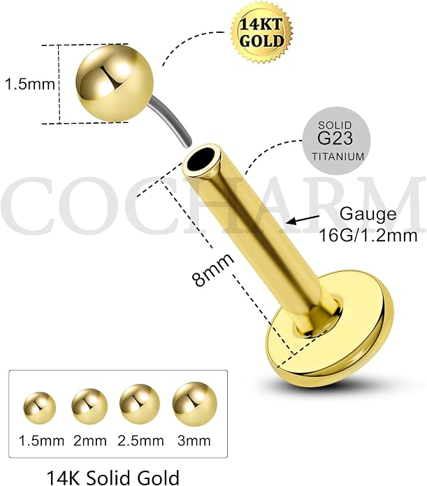 COCHARM 14K Solid Gold Helix Cartilage Tragus Earring Stud 16g Yellow Gold Threadless Tragus Cartilage Helix Conch Piercing Jewelry Flat Back Lip Labret Medusa Monroe Piercing Stud