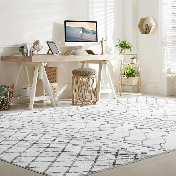 Lessymo Area Rugs 5x7, Washable Modern Area Rugs, Super Soft Faux-Wool Carpet for Living Room Bedroom Dining Room, Non-Slip Low Pile, Geometric Grey