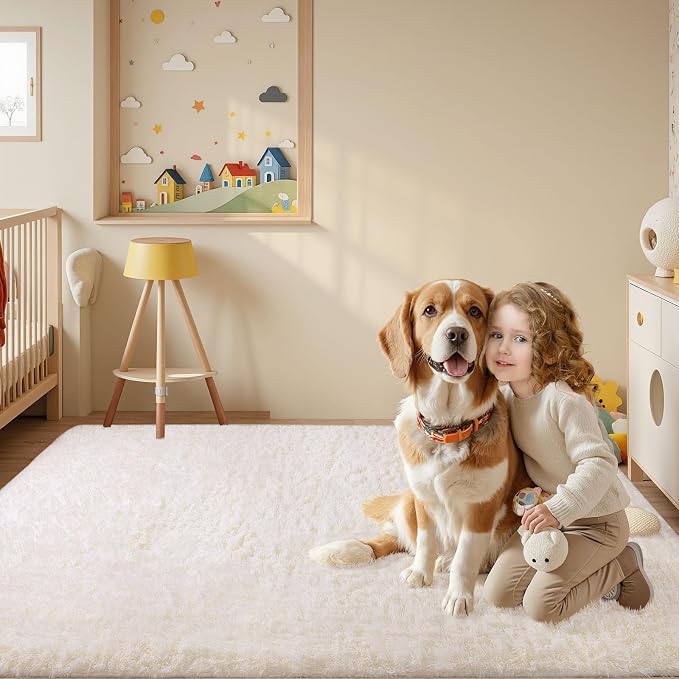 Sour Lemon 6x9 Area Rugs for Bedroom Living Room, Large Fluffy Shag Ivory | Shaggy Carpet, Soft Plush Furry Bedside Rugs, Anti Slip,Washable Area Modern Rugs Floor Mat for Kids Girls Boys Living Room