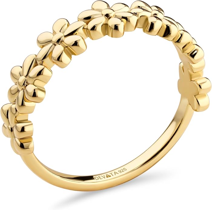 DEVATA Gold or Rhodium Plated Sterling Silver 925 – Eternity, Band Ring for Women – Heart, Knot, Clover, Infinity, Mariner, Cable, Curb, Cuban, Figaro, Daisy, Rope, Ribbed, Dome