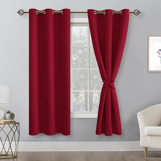 Hiasan Blackout Curtains for Bedroom and Living Room, Light Blocking, Noise Reducing Window Curtain Panels, Tiebacks Included, Set of 2, Grommet Top (Red, Width 38 Inch x Length 72 Inch)