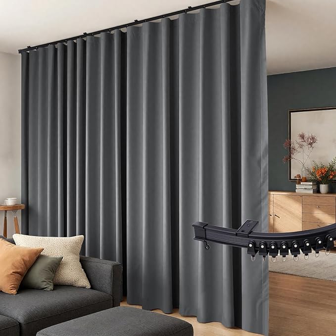 Room Divider Curtains Flexible Ceiling Tracks set Curtain track Ceiling Mount Blackout Curtain for Living Room Bedroom Ceiling Curtain Rod Privacy Dividers Panels W150 x H84 Grey Drape & Black rail