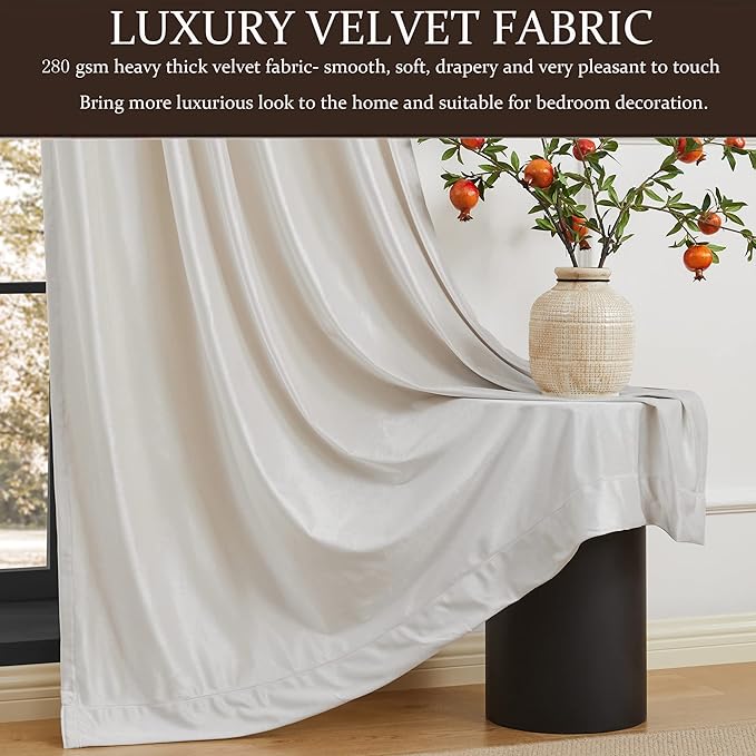 100% Blackout Ivory Off White polyester Velvet Curtains 96 inch Long for Living Room,Set of 2 Panels Liner Rod Pocket Back Tab Thermal Window Drapes Room Darkening Heavy Decorative Curtain for Bedroom