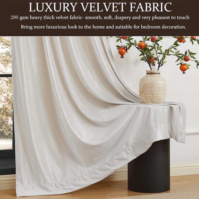 100% Blackout Ivory Off White Velvet Curtains 72 inch Long for Living Room,Set of 2 Panels Liner Rod Pocket Back Tab Thermal Window Drapes Room Darkening Heavy Decorative Curtains for Bedroom