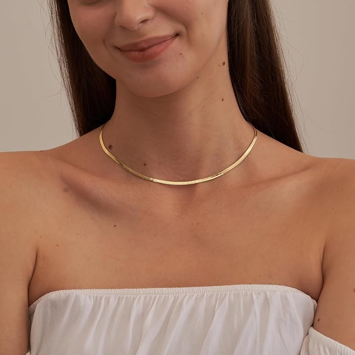 CHESKY Gold Necklace for Women-14K Plated/S925 sterling silver Snake Chain Necklace Dainty Simple Chunky Herringbone Necklace Gold Choker Necklaces Jewelry for Women Mothers Day Gifts for Mom