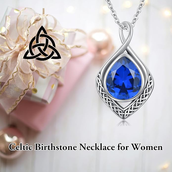 PELOVNY Celtic Knot Necklaces for Women 925 Sterling Silver Gemstone/Birthstone Teardrop Infinity Necklace Irish Celtic Pendant Jewelry Gifts for Mom Daughter Wife