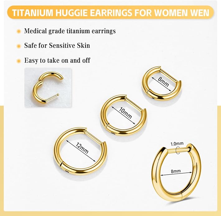 AOEDEJ G23 Titanium Black/Steel Gray/Gold Hoop Earrings 18G Small Huggie Hoop Earrings 8mm/10mm/12mm Cartilage for Sensitive Ears for Multiple Piercing Cartilage Hoop Earring Stack Jewelry