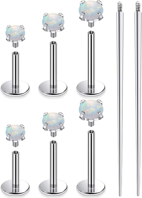 Ruifan Titanium Flat Back Lip Rings Externally Threaded Earrings Studs Nose Rings 20G 18G 16G Round Opal Tragus Cartilage Lobe Rook Helix Conch Labret Medusa Piercing Jewelry for Women Men