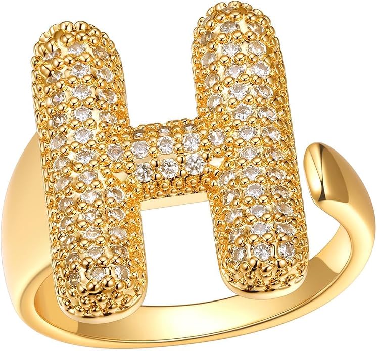 FindChic Initial Ring for Women, Gold Plated Chunky Letter Rings Open Adjustable Trendy Sparkling Cubic Zirconia Personalized Statement Rings Jewelry Gift