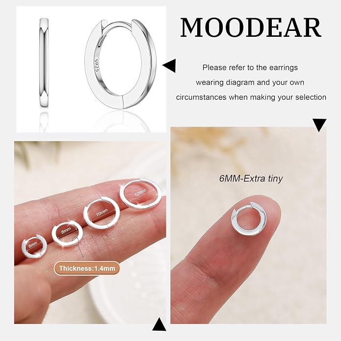 MOODEAR 925 Sterling Silver Hoop Earrings - Small Huggie Earrings for Women, Hypoallergenic Trendy Cartilage Silver Earrings, Lightweight Jewelry Gifts