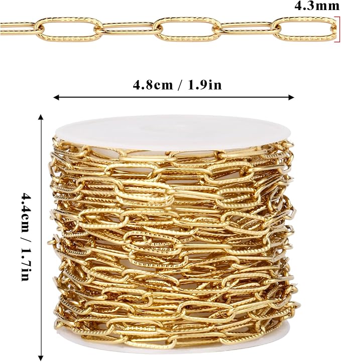16.5FT 18K Gold Plated Paperclip Chains Roll, 4.3mm Gold Stainless Steel Textured Paperclip Link Chains Spool Bulk for Jewelry Making