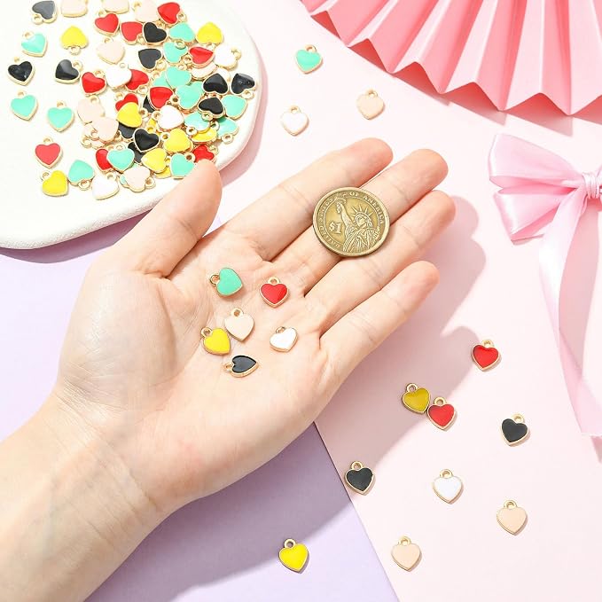 DanLingJewelry 100pcs Random Color Alloy Enamel Heart Charms Peach Heart Charms Enamel Dangle Pendants for Valentine's Day Jewelry Making