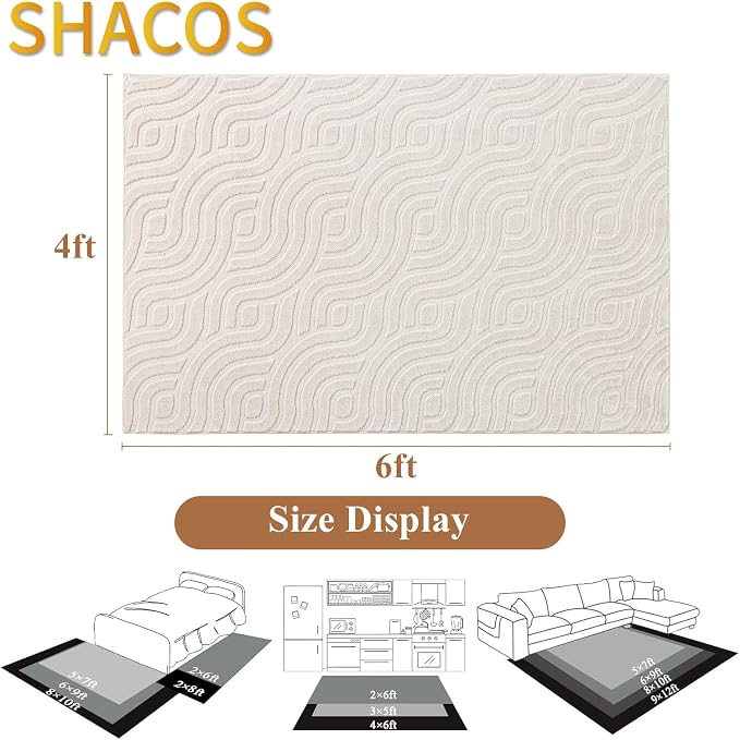 SHACOS 4x6 Soft Area Rugs for Living Room Beige Solid Color Fluffy Rug for Bedroom Non Slip Washable Indoor Mat Floor Carpet for Kids Room Nursery Bathroom, High-Low Pile Boho Modern Rug