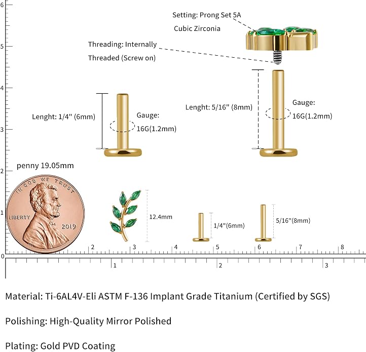 FINE4U 1PC Leaf Flat Back Stud Flat, Helix, Conch, Tragus 6mm 8mm - ASTM F136 Titanium Screw on Body Piercing Jewelry