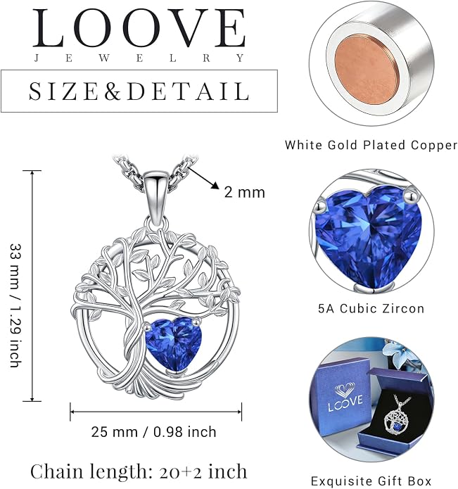 Birthstone Tree of Life Necklace for Women Heart Crystal Pendant Silver Plated Birthday Anniversary Jewelry for Wife, Mom, and Her