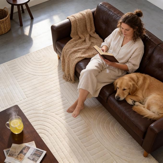 5x7 Geometric Solid Beige Area Rug – Washable, Durable Non-Slip Indoor Carpet with Soft High-Low Pile, Fluffy Floor Rugs for Living Room, Bedroom, Bedside, Kids Room, Nursery,Home Office Décor