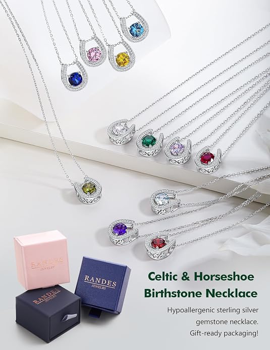 925 Sterling Silver Horseshoe Necklace for Women Round Gemstone Birthstone Necklace Sapphire/Emerald/Ruby/CZ Horse Shoe Pendant Necklaces Jewelry Gift