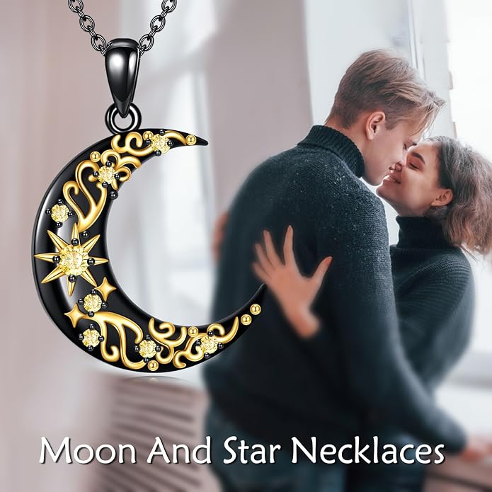 VONALA Crescent Moon Necklace Sterling Silver Emerald/Red/Purple/Black/Rainbow Topaz/Green/Aquamarine/Blue/Moss Agate Celtic Moon Teardrop Necklace Celtic Jewelry Gifts for Women Birthday