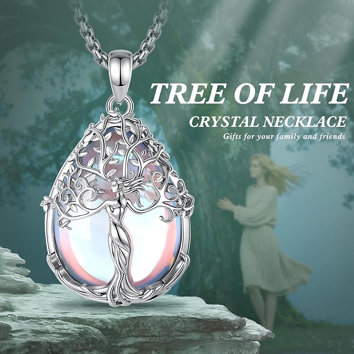 AEONSLOVE Tree of Life Necklace with Crystal for Women, Amethyst/Obsidian/Turquoise/Moonstone/Malachite Crystal Pendant Necklaces for Ladies