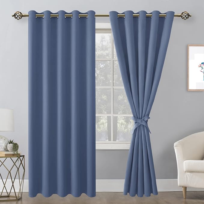 Hiasan Blackout Curtains for Bedroom, 60 x 84 Inches Long - Thermal Insulated & Light Blocking Window Curtains for Living Room/Kids Room, 2 Drape Panels Sewn with Tiebacks, Blue Haze