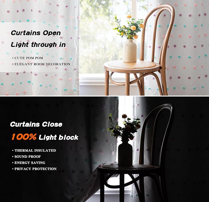 MYSKY HOME Kids Blackout Curtains for Boys Bedroom 84 Inch Long 100% Light Blocking Cute Curtains for Playing Room 2 Panels Grommet Nursery Drapes with Rainbow Pom Pom Sheer 2 Layered 52W x 84L