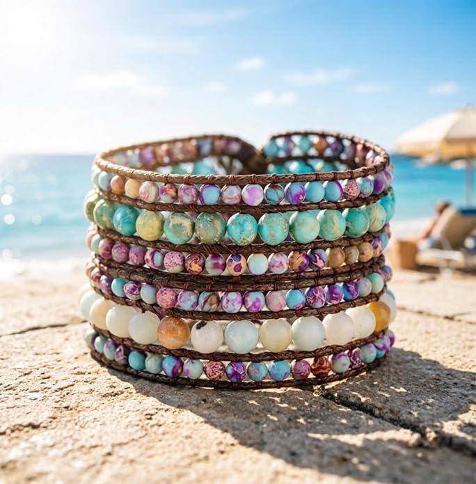 YGLINE Boho Handmade Natural Stone Bead 3 Row Wide Wrap Wrist Statment Bracelet Jewelry Collection