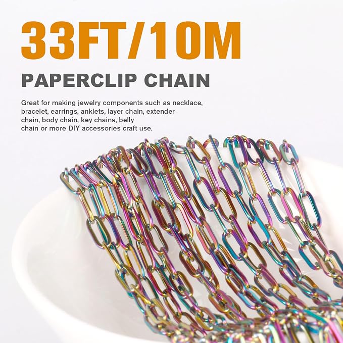[33 Ft] Stainless Steel Paperclip Chains Roll, 2.5mm Width Rainbow Plated Stainless Steel Oval Link Chains Spool Bulk for Jewelry Making