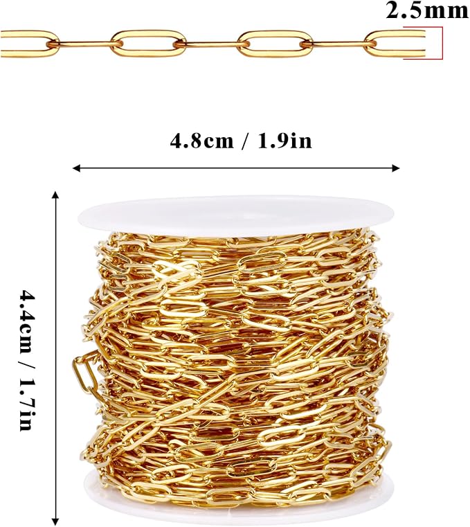 [33 Ft] Stainless Steel Paperclip Chains Roll, 2.5mm Width 18K Gold PVD Plated Stainless Steel Oval Link Chains Spool Bulk for Jewelry Making