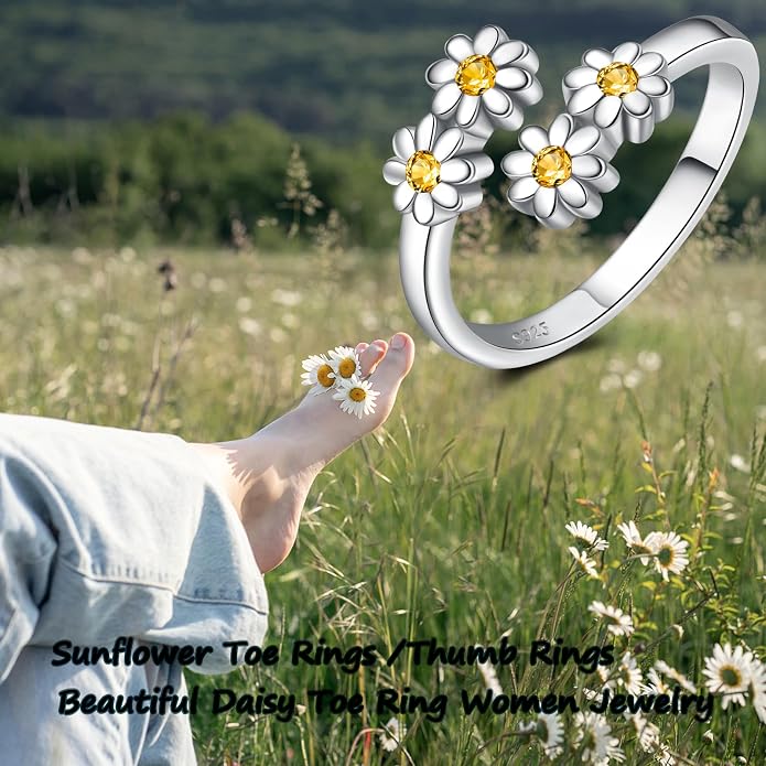 Jinlou 925 Sterling Silver Dainty Daisy Rings Flower Finger Rings For Women Love Promise Band Sunflower Adjustable Thumb Rings For Women