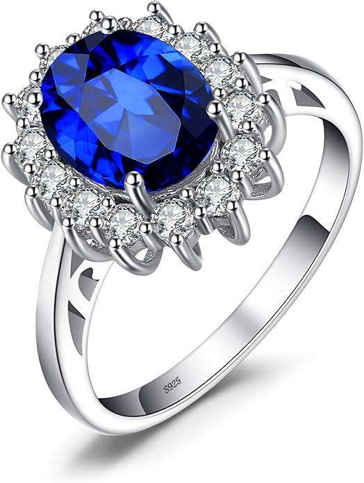 JewelryPalace Princess Diana Kate Middleton Class Gemstone Birthstone Sapphire Halo Engagement Rings for Women, Anniversary 14K White Yellow Rose Gold Plated 925 Sterling Silver Promise Rings for Her
