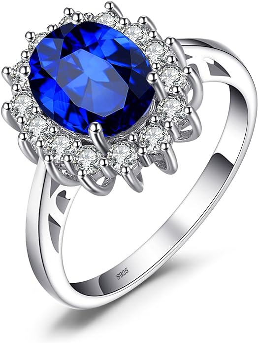 JewelryPalace Princess Diana Kate Middleton Class Gemstone Birthstone Sapphire Halo Engagement Rings for Women, Anniversary 14K White Yellow Rose Gold Plated 925 Sterling Silver Promise Rings for Her