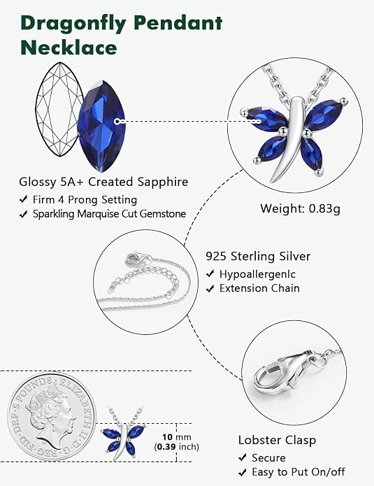 925 Sterling Silver Birthstone Necklaces for Women, Dainty Cute Dragonfly/Butterfly Pendant Necklace, Great Christmas/Anniversary Jewelry for Mother