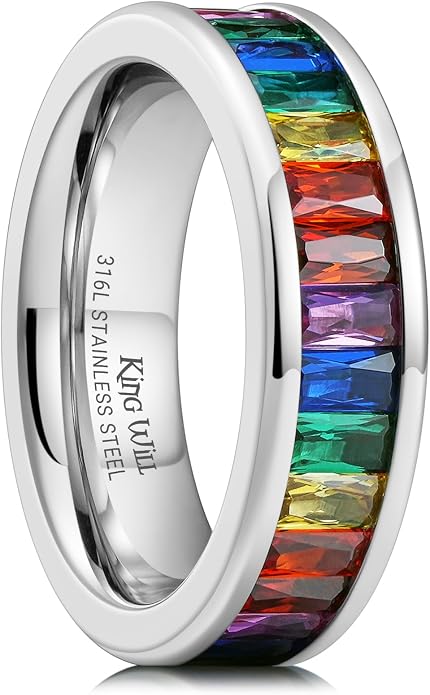 King Will 6mm 316L Stainless Steel Eternity Ring for Women, Colorful Baguette-Cut Cubic Zirconia Stackable Band, Pipe Cut Anniversary Engagement Ring Comfort Fit, Size 6-10