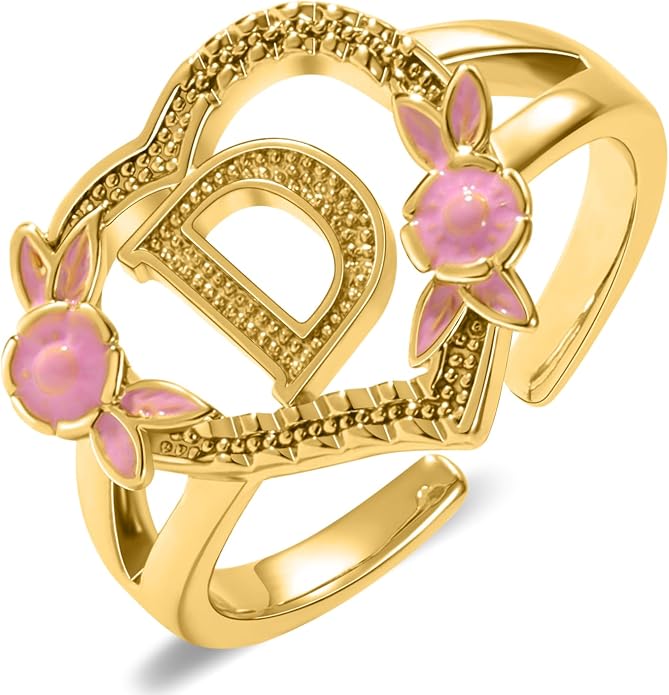 Gold Initial Rings for Women - Non Tarnish Dainty 14K Gold Plated Heart Adjustable Letter Rings for Women, Stackable Cute Thumb Pinky Fashion Open Simple Birthday Gifts Jewelry
