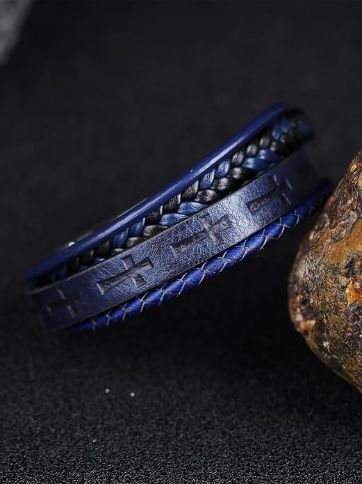 Mens Leather Cross Bracelet Multilayer Braided Wristband Bangle Bracelets with Stainless Steel Buckle Religious Gift for Men Brown/Black/Blue–8.3 inch