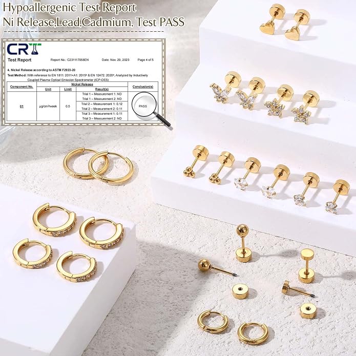 Jstyle 24 Pairs Hypoallergenic Gold Earrings for Women Flat Back Earrings for Women Surgical Stainless Steel Earrings for Sensitive Ears Small Stud Hoop Cartilage Earring Stack Piercing Jewelry Set