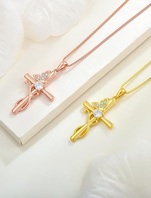 STARCHENIE Butterfly Cross Necklace 925 Sterling Silver Crucifix Pendant Birthstone Jewelry for Women