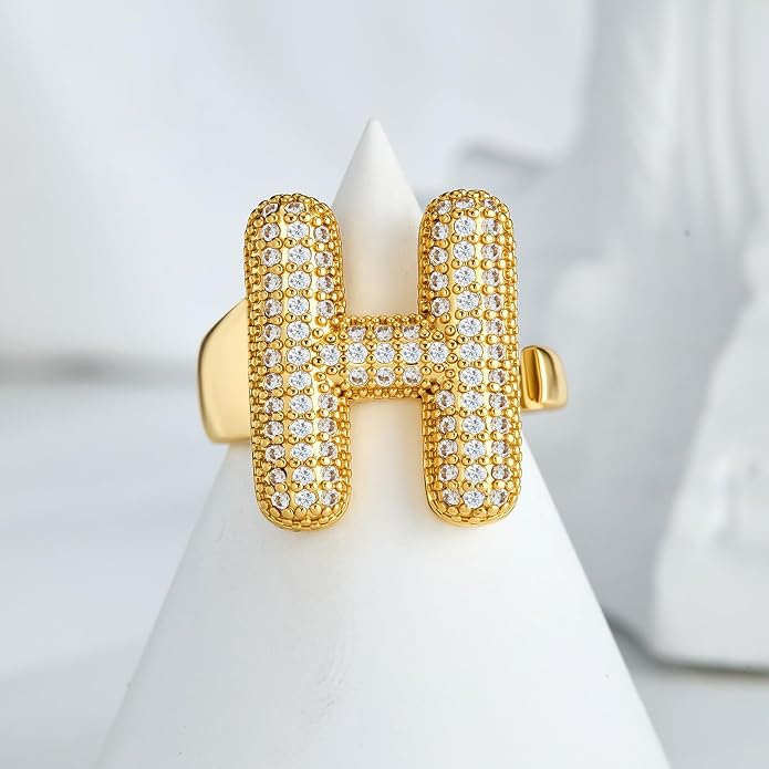 Cicy Bell Initial Rings for Women 14k Gold Plated Cubic Zirconia Delicate Letter Chunky Statement Open Rings Gifts for Her