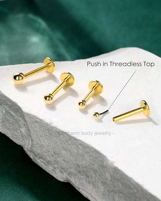 COCHARM 14K Solid Gold Helix Cartilage Tragus Earring Stud 16g Yellow Gold Threadless Tragus Cartilage Helix Conch Piercing Jewelry Flat Back Lip Labret Medusa Monroe Piercing Stud