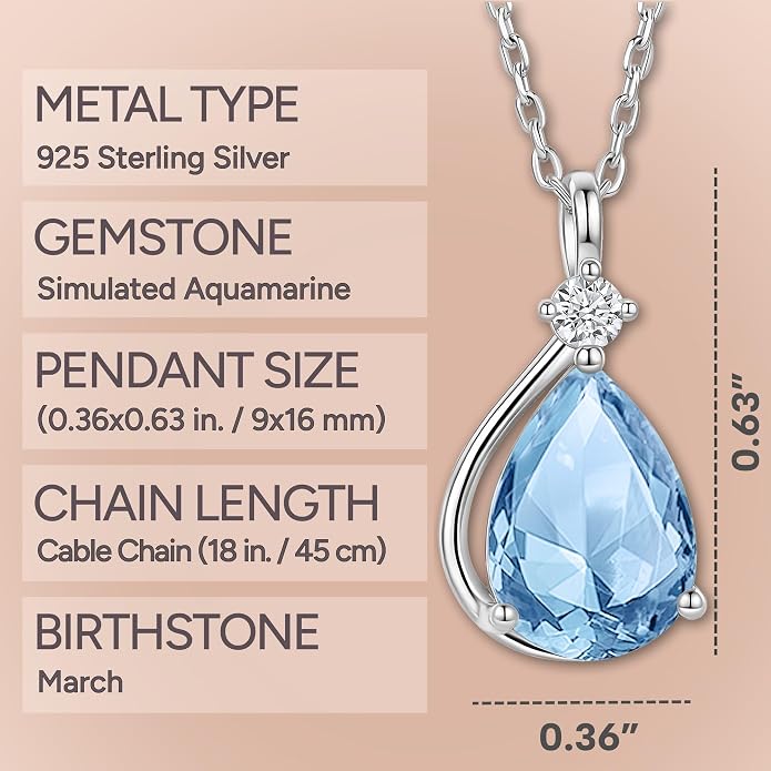 ADITA GOLD Birthstone Necklace for Women, 925 Sterling Silver Teardrop Pendant, Simulated Gemstone, Birthstone Jewelry