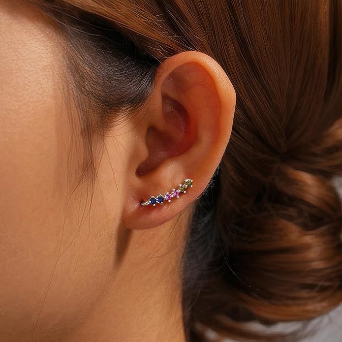 Dainty Colorful Cubic Zirconia Ear Climbers Earrings for Women 925 Sterling Silver 14K Gold Plated Rainbow Gemstone Crawler Earrings Stud Earring Hypoallergenic Ear Clips Wedding Graduation Jewelry Gifts