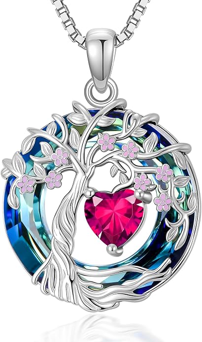 Tree of Life Birthstone Necklace 925 Sterling Silver Crystal Tree of Life Pendant Birthstone Jewelry Birthday Christmas Gifts for Women Mom Her Wife
