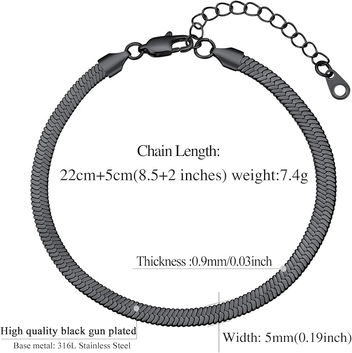 FindChic Elegant Herringbone Snake Chain Anklets/Bracelets 3MM/5MM Width Stainless Steel/18K Gold/Rose Gold Plated/Black 4 Color Options, 8.3'' 8.5'' 10.5'' Length, with Gift Box