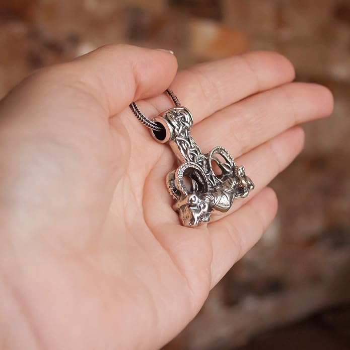 Large Thor Hammer Mjolnir Necklace 925 Sterling Silver - Odins Viking Pendant with Thors Goats and Runes - Mens Pagan Nordic Norse Mythology Jewelry for Men - Handmade - 1oz (27 g)