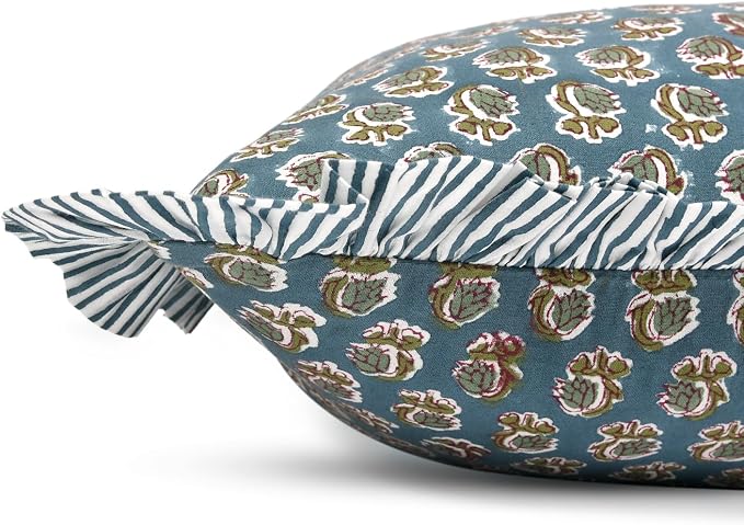Ridhi Block Print Peacock Blue Throw Pillow Cover 24" x 24" (Pack of 2) Decorative Cushion Covers with Ruffle for Couch, Sofa, Bed, Living Room, Home Decor Gift for Spring, Easter, Valentine