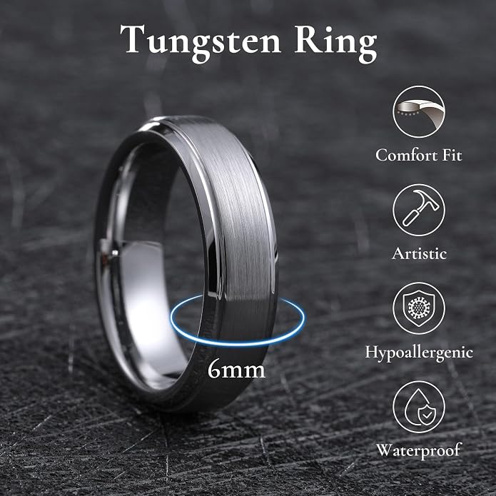 King Will Classic Tungsten Wedding Band for Men, 6/7/8/9/10mm Widths, Polished Finish Step Edge Matte Rings Comfort Fit
