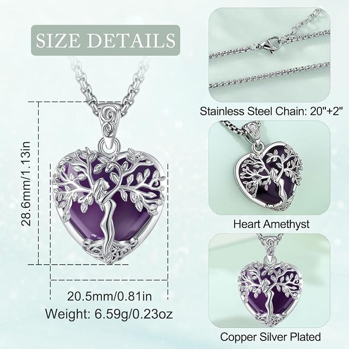 EUDORA Tree of Life Necklace with Moonstone Amethyst Obsidian Turquoise Healing Crystal for Women, Silver Plated Copper Mother Tree of Life Pendant Amulet Energy Jewelry, Gift for Women Mom, 20"+2"