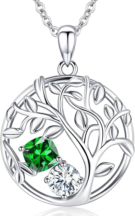 Tree of Life Birthstone Necklace for Women 925 Sterling Silver Birthstone Pendant 12 Months Necklaces with Zircon Birthday Gifts for Women, Mom, Grandma Cable Chain 18"+2"