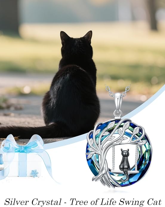 TOUPOP Cat Necklace Gifts for Women Sterling Silver Celtic Mounatin Moon Pendant with Blue Crystal Birthday Christmas Jewelry Gifts for Women